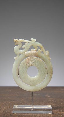 Lot 280 - (R) A JADE BI DISC WITH CHILONG, LIGHT GREEN JADE, CHINA, 19TH CENTURY