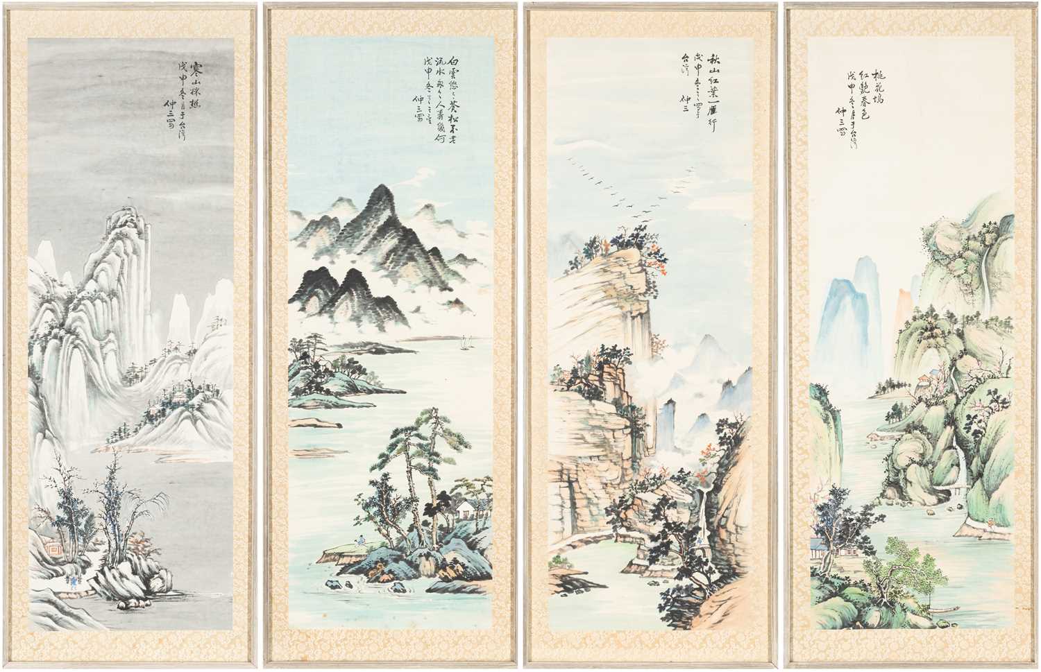 Lot 32 - (R) A SET OF FOUR CHINESE LANDSCAPE PAINTINGS DEPICTING THE FOUR SEASONS