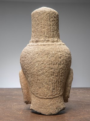 Lot 14 - (R) AN EXQUISITE KHMER SANDSTONE BUDDHIST HEAD, CAMBODIA, 12TH CENTURY
