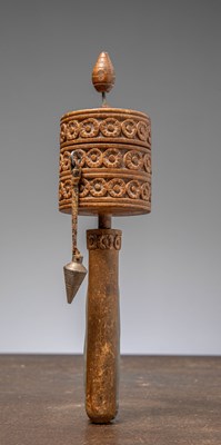 Lot 140 - (R) A WOOD CARVED HAND-HELD PRAYER WHEEL, TIBET OR NEPAL, 1950'S