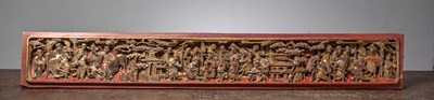 Lot 5 - (R) A CARVED AND GILT WOOD RELIEF PANEL WITH FIGURAL SCENE, CHINA, CIRCA 1850