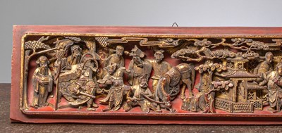 Lot 5 - (R) A CARVED AND GILT WOOD RELIEF PANEL WITH FIGURAL SCENE, CHINA, CIRCA 1850