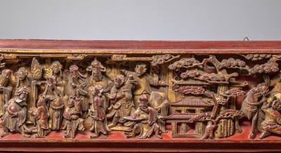 Lot 5 - (R) A CARVED AND GILT WOOD RELIEF PANEL WITH FIGURAL SCENE, CHINA, CIRCA 1850