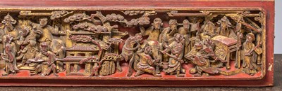 Lot 5 - (R) A CARVED AND GILT WOOD RELIEF PANEL WITH FIGURAL SCENE, CHINA, CIRCA 1850