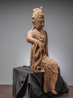 Lot 14 - (R) A LARGE CHINESE WOOD CARVED FIGURE OF GUANYIN QING DYNASTY