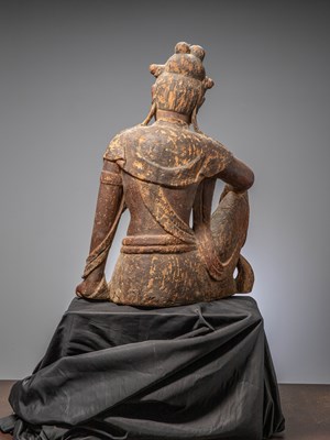 Lot 14 - (R) A LARGE CHINESE WOOD CARVED FIGURE OF GUANYIN QING DYNASTY