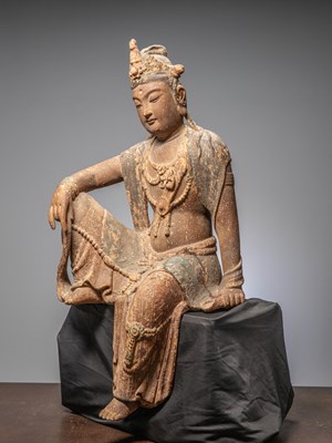 Lot 14 - (R) A LARGE CHINESE WOOD CARVED FIGURE OF GUANYIN QING DYNASTY