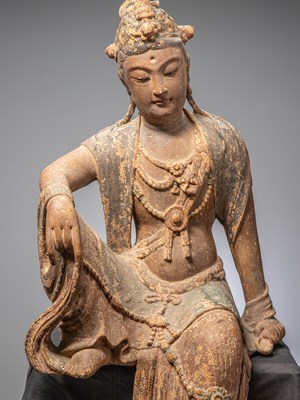 Lot 14 - (R) A LARGE CHINESE WOOD CARVED FIGURE OF GUANYIN QING DYNASTY