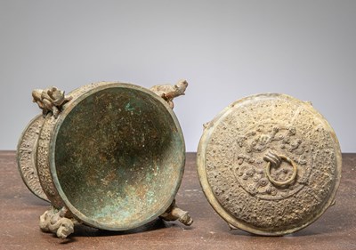 Lot 83 - (R) A CHINESE BRONZE COVERED DOU RITUAL VESSEL ON STEM, EASTERN ZHOU STYLE, 19TH CENTURY