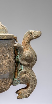 Lot 83 - (R) A CHINESE BRONZE COVERED DOU RITUAL VESSEL ON STEM, EASTERN ZHOU STYLE, 19TH CENTURY