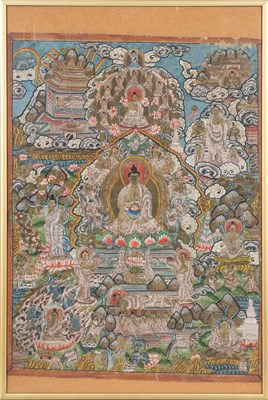Lot 375 - (R) A 20TH CENTURY THANGKA DEPICTING SCENES OF BUDDHAS LIFE, NEPAL OR TIBET