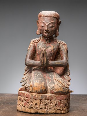 Lot 425 - A WOOD CARVED POLYCHROME ADORANT, BURMA (MYANMAR), 18TH CENTURY