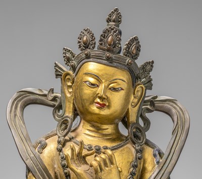 Lot 96 - A SEATED BRONZE COLD GILT BODHISATTVA, CHINA 18TH CENTURY, QIAN LONG PERIOD