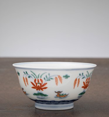 Lot 89 - A FINE DOUCAI PORCELAIN BOWL WITH LOTUS AND WATERFOWL, CHINA, YONGZHENG PERIOD