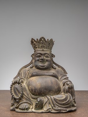 Lot 258 - A SEATED BRONZE FIGURE OF BUDAI (LAUGHING BUDDHA), CHINA, 18TH CENTURY