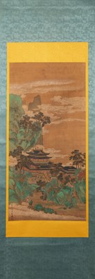 Lot 366 - A TEMPLE COMPLEX NESTLED AMONG VERDANT MOUNTAINS - QIU YING (CIRCA 1498-1552); CHINA