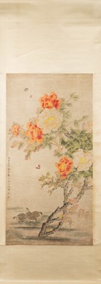 Lot 323 - A CHINESE FLOWER AND BIRD HANGING SCROLL WITH PEONIES AND QUAILS