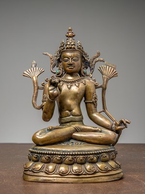 Lot 293 - A SEATED BRONZE OF PADMAPANI, TIBET, 16TH CENTURY , WITH SILVER INLAYS
