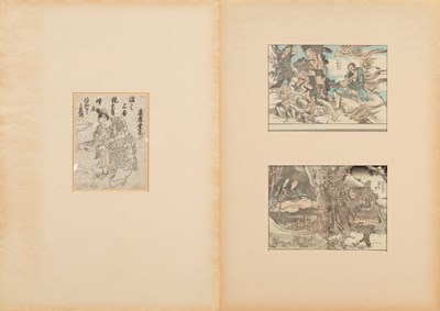 Lot 118 - (R) TWO PAGES WITH JAPANESE WOODBLOCK PRINTS AND DRAWING, EDO PERIOD