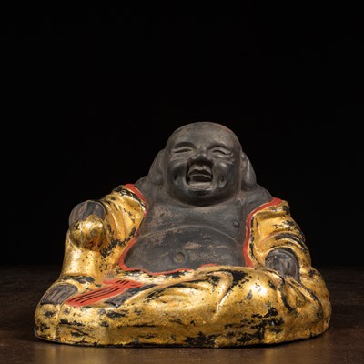 Lot 17 - STOENWARE LUCKY BUDDHA WITH GILDING CHINA 1950'S