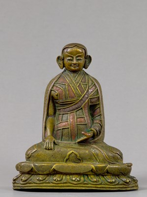 Lot 190 - BRONZE LAMA WITH SILVER AND COPPER TIBET 16TH CENTURY
