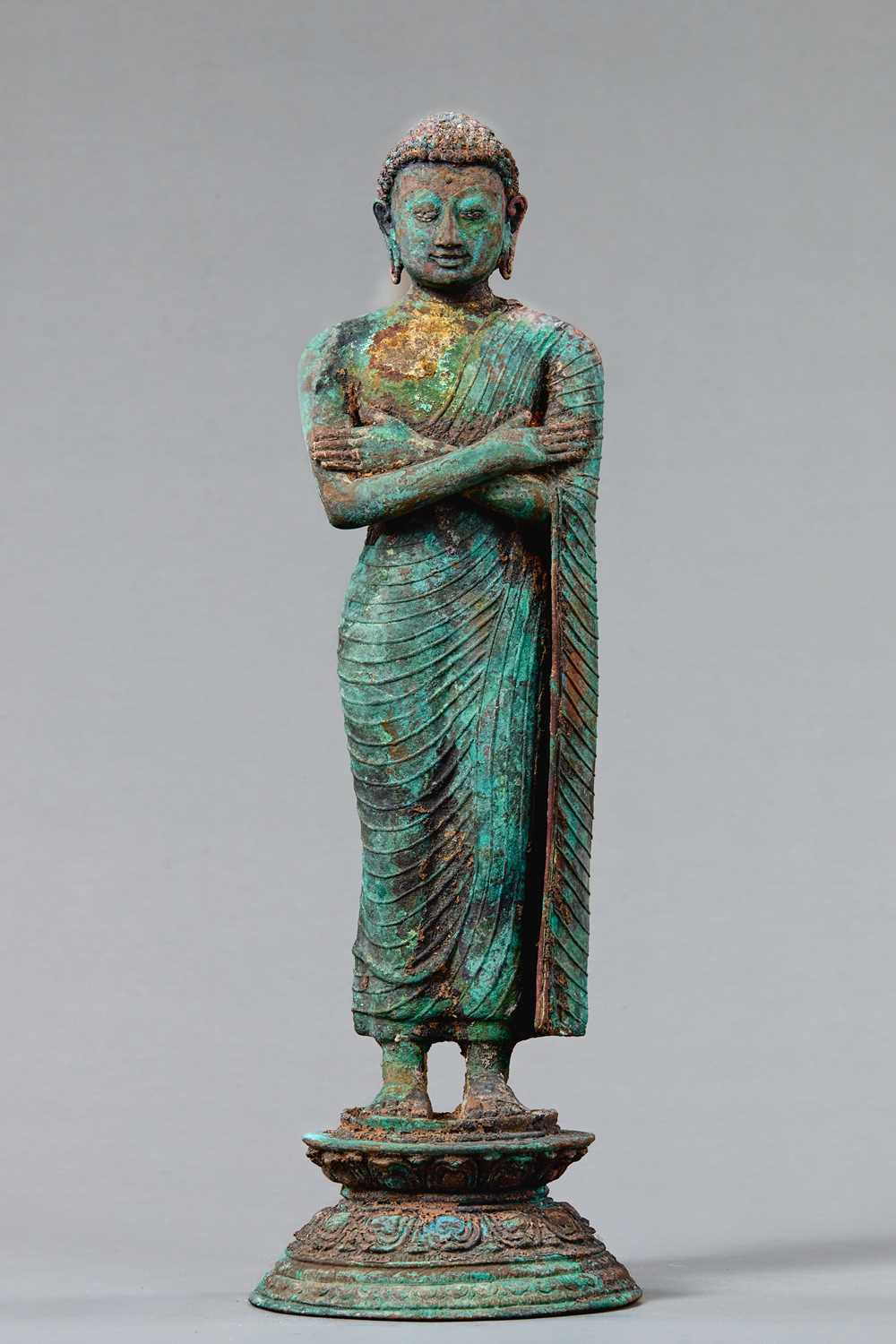 Lot 11 - STANDING BRONZE BUDDHA SRI LANGKA POSSIBLY POLONNARUWA PERIOD 12TH CENTURY