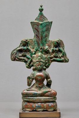Lot 46 - BRONZE BODHISATTVA SEATED ON A LOTUS THRONE, KASHMIR, 12TH CENTURY