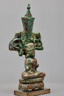 Lot 46 - BRONZE BODHISATTVA SEATED ON A LOTUS THRONE, KASHMIR, 12TH CENTURY