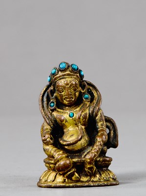 Lot 333 - RESTGILT JAMBHALA WITH TURQUOISE INLAYS NEPAL OR TIBET 18TH CENTURY