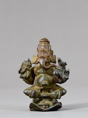 Lot 374 - SEATED BRONZE GANESHA INDIA 15TH CENTURY