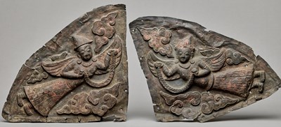 Lot 244 - TWO COPPER REPOUSSE PLAQUES DEPICTING APSARAS NEPAL 18TH CENTURY