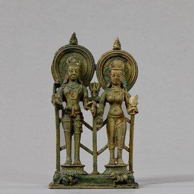 Lot 430 - STANDING BRONZE SHIVA AND PARVATI POST-GUPTA INDIA 8 TH CENTURY