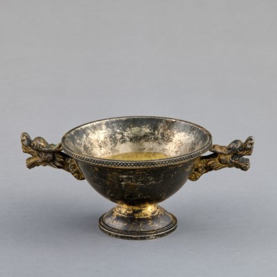 Lot 337 - SMALL SILVERED BRONZE BOWL WITH DRAGON HANDLES CHINA, QING DYNASTY, 19TH CENTURY