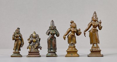 Lot 404 - A GROUP OF FIVE SOUTH INDIAN BRONZE FIGURES 15TH to 17TH CENTURY