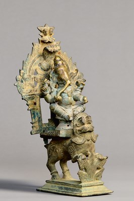 Lot 279 - A GANESHA SEATED ON A LION, BRONZE, INDIA 18TH CENTURY