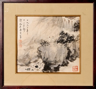 Lot 103 - LANDSCAPE WITH SCHOLARS IN A MOUNTAIN SETTING , FU BAO SHI (1904-1965)