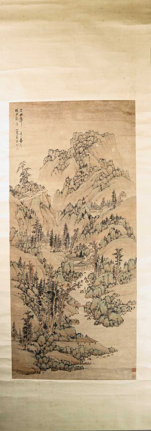 Lot 21 - MOUNTAIN LANDSCAPE WITH SCHOLARS AND PAVILIONS , LAN YING (1585-CIRCA 1664)