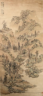 Lot 21 - MOUNTAIN LANDSCAPE WITH SCHOLARS AND PAVILIONS , LAN YING (1585-CIRCA 1664)