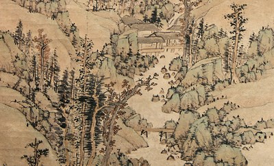 Lot 21 - MOUNTAIN LANDSCAPE WITH SCHOLARS AND PAVILIONS , LAN YING (1585-CIRCA 1664)