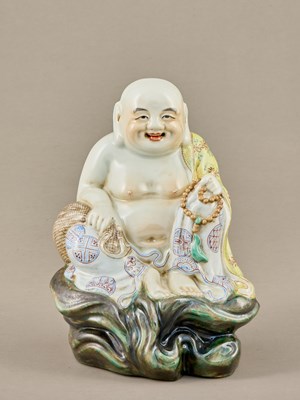 Lot 63 - PORCELAIN FIGURE OF MAITREYA BUDDHA, MINGUO PERIOD