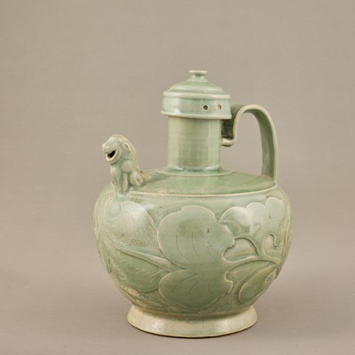 Lot 49 - YAOZHOU CELADON EWER WITH LION-FORM SPOUT, SONG DYNASTY