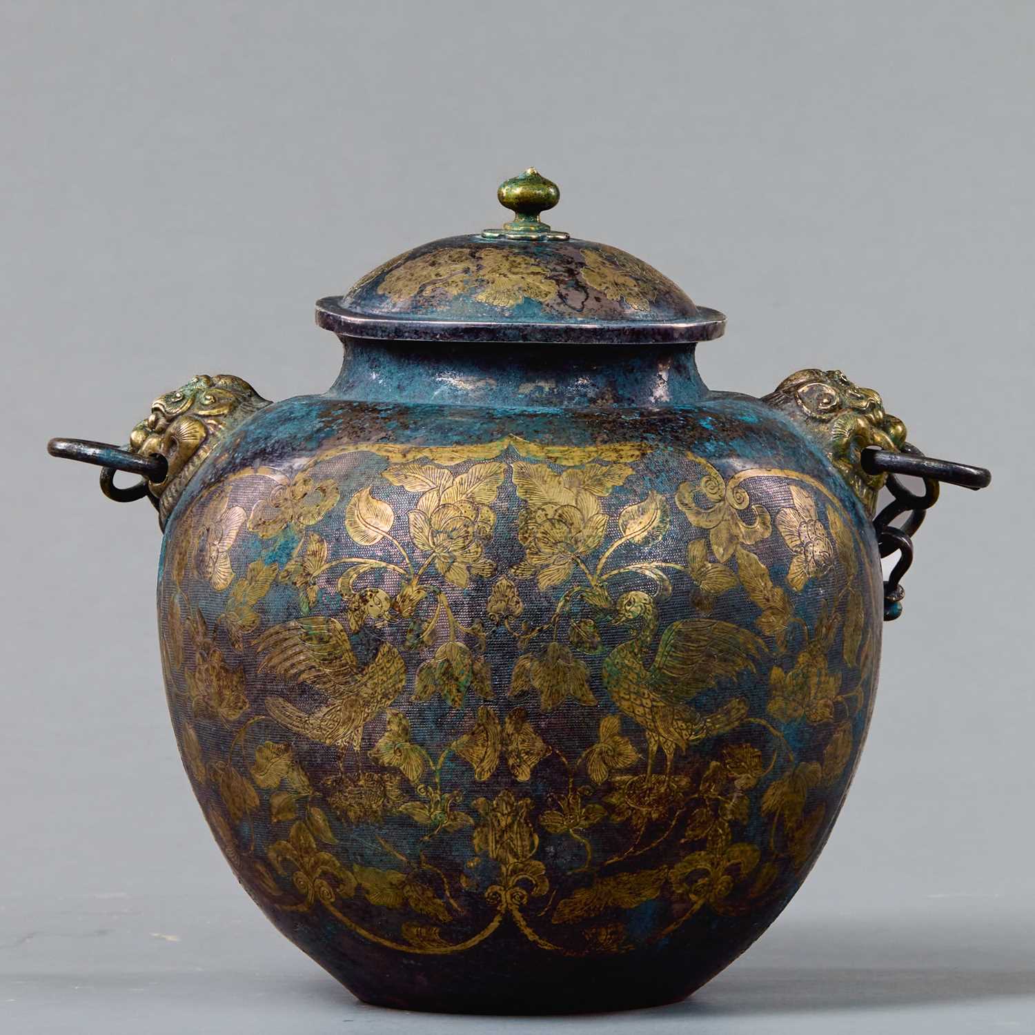 Lot 18 - GILT AND SILVER-INLAID BRONZE JAR WITH BIRD AND FLORAL DECORATION, TANG DYNASTY