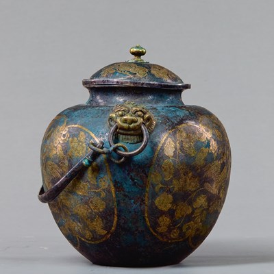 Lot 18 - GILT AND SILVER-INLAID BRONZE JAR WITH BIRD AND FLORAL DECORATION, TANG DYNASTY