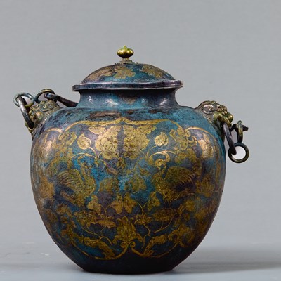 Lot 18 - GILT AND SILVER-INLAID BRONZE JAR WITH BIRD AND FLORAL DECORATION, TANG DYNASTY