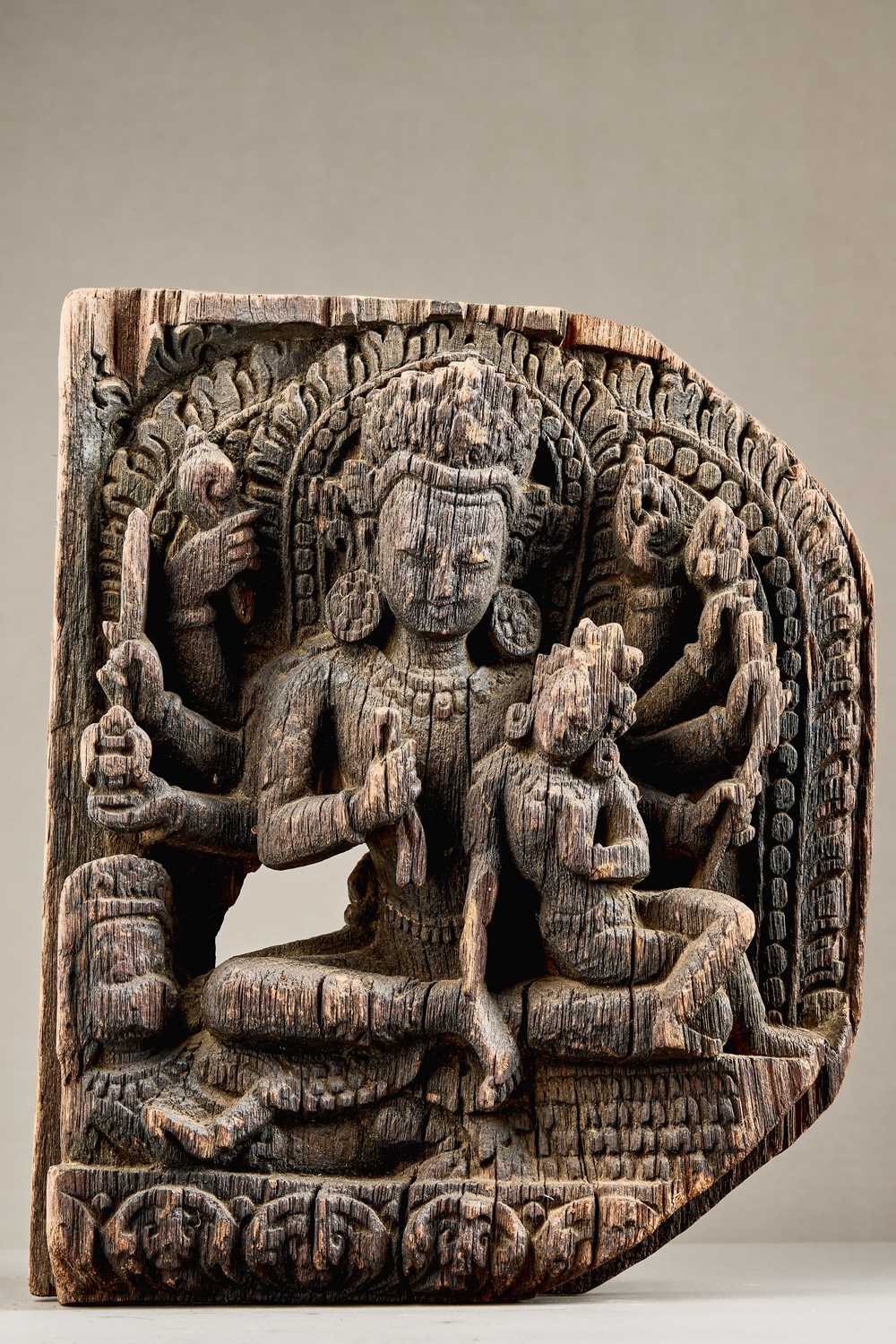 Lot 84 - WOOD CARVING DEPICTING VISHNU AND LAKSHMI NEPAL 13TH CENTURY