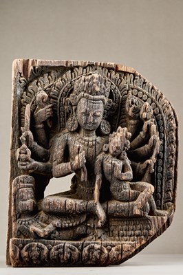 Lot 84 - WOOD CARVING DEPICTING VISHNU AND LAKSHMI NEPAL 13TH CENTURY