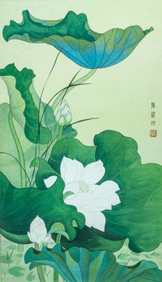 Lot 6 - TWO PAINTINGS DEPICTING LOTUS FLOWERS