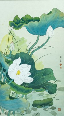 Lot 6 - TWO PAINTINGS DEPICTING LOTUS FLOWERS