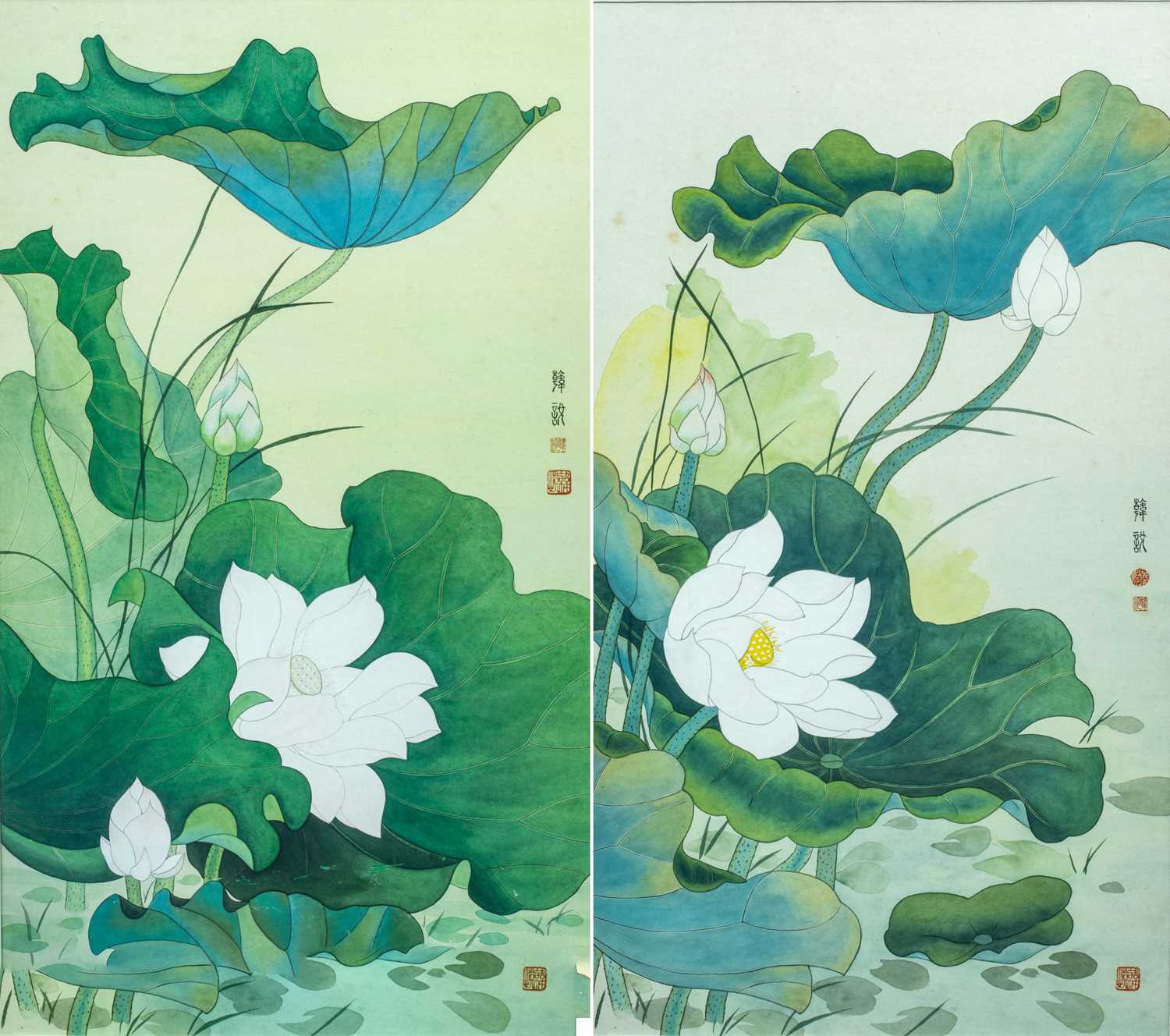 Lot 6 - TWO PAINTINGS DEPICTING LOTUS FLOWERS