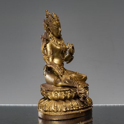 Lot 92 - A BRONZE GOLD COLOURED FIGURE OF GREEN TARA MING DYNASTY STYLE (1368-1644)